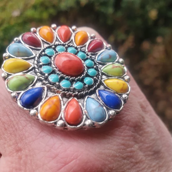 Rainbow Free Spirit Boho Hippie People Native Aztec insp beaded ring - Picture 6 of 8